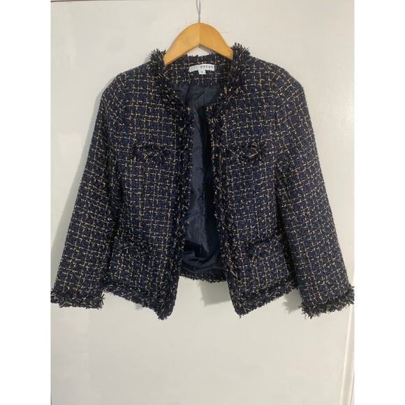Puzuo tweed blazer jacket women’s size S navy gold metallic wool blend fringe - Picture 1 of 5